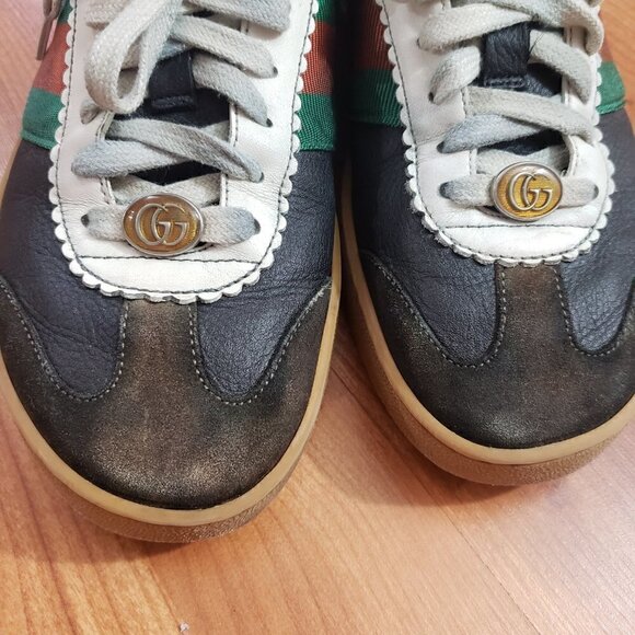 Gucci Calfskin Suede Leather Web Low Men's G74 Ardesia Black New Mystic White - Picture 6 of 14